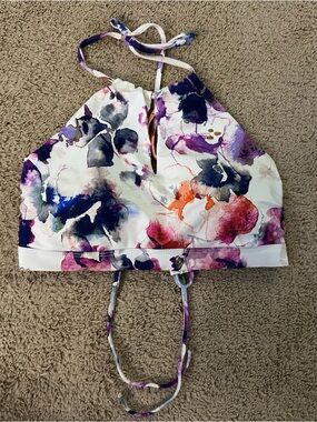 Athleta White Halter Bikini Top with Purple, Pink & Coral Watercolor Print.